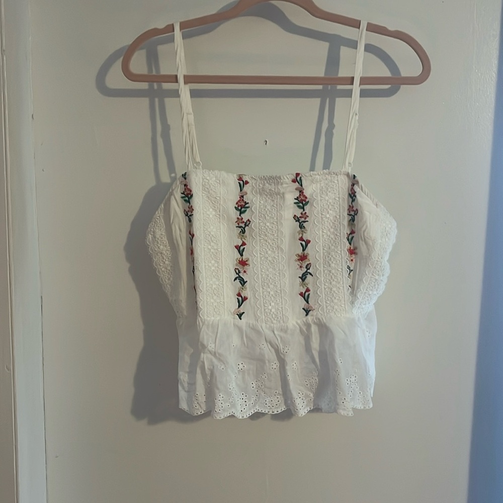 white tank top with pretty embroidering, got from shein, size M, white